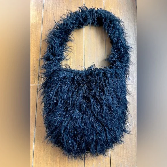 Dolls Kill Widow Faux Fur Bag Black Long Hair Furry Vegan Mongolian Lamb NWOT - Picture 8 of 13